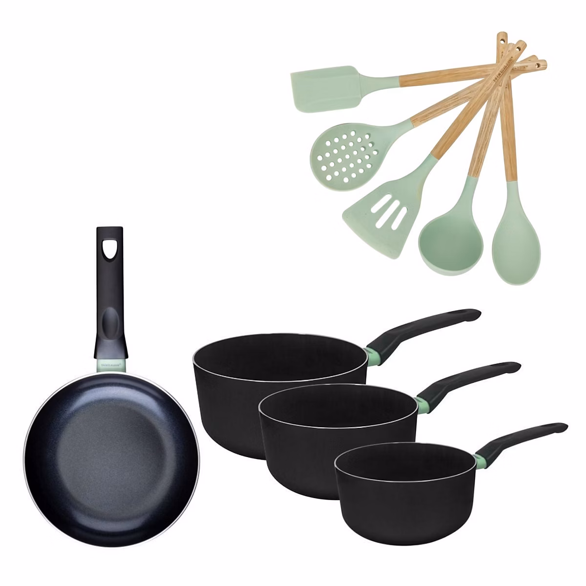 Matériel de cuisson – Batterie de cuisine avec 1 poêle 20 cm et 3 casseroles 16/18/20 cm sans PFAS et 5 ustensiles de cuisine Fackelmann Brandao Océan