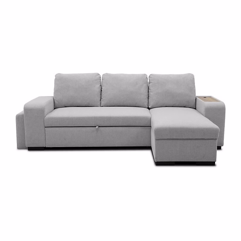 Canapé d'angle convertible réversible VALDO 3 a 4 places – Tissu Souris | Tablette avec USB | Coffre + Pouf | L247xP143xH86 cm