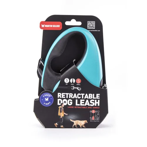Laisse rétractable 2 Soft sangle coloris noir et turquoise - S