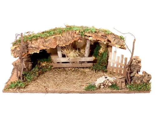Crèche de Noël en bois et liège avec barrière et angle du bûcheron Santons Escoffier - 55 x 25 x 21 cm