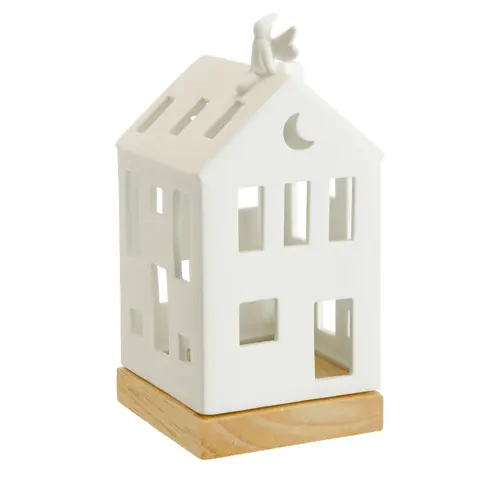 Photophore forme maison en céramique blanche avec fée taille M - Ø 7,7 x H 16 cm