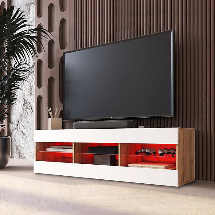 Banc TV Tivoli RTV Komodee – LED RVB, Blanc et Bois Naturel, Facades en Mat, 140 × 41 × 35 cm