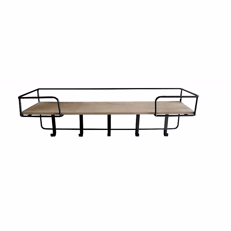 Étagère murale 60 cm plateau décor bois 5 patères métal – CINCO