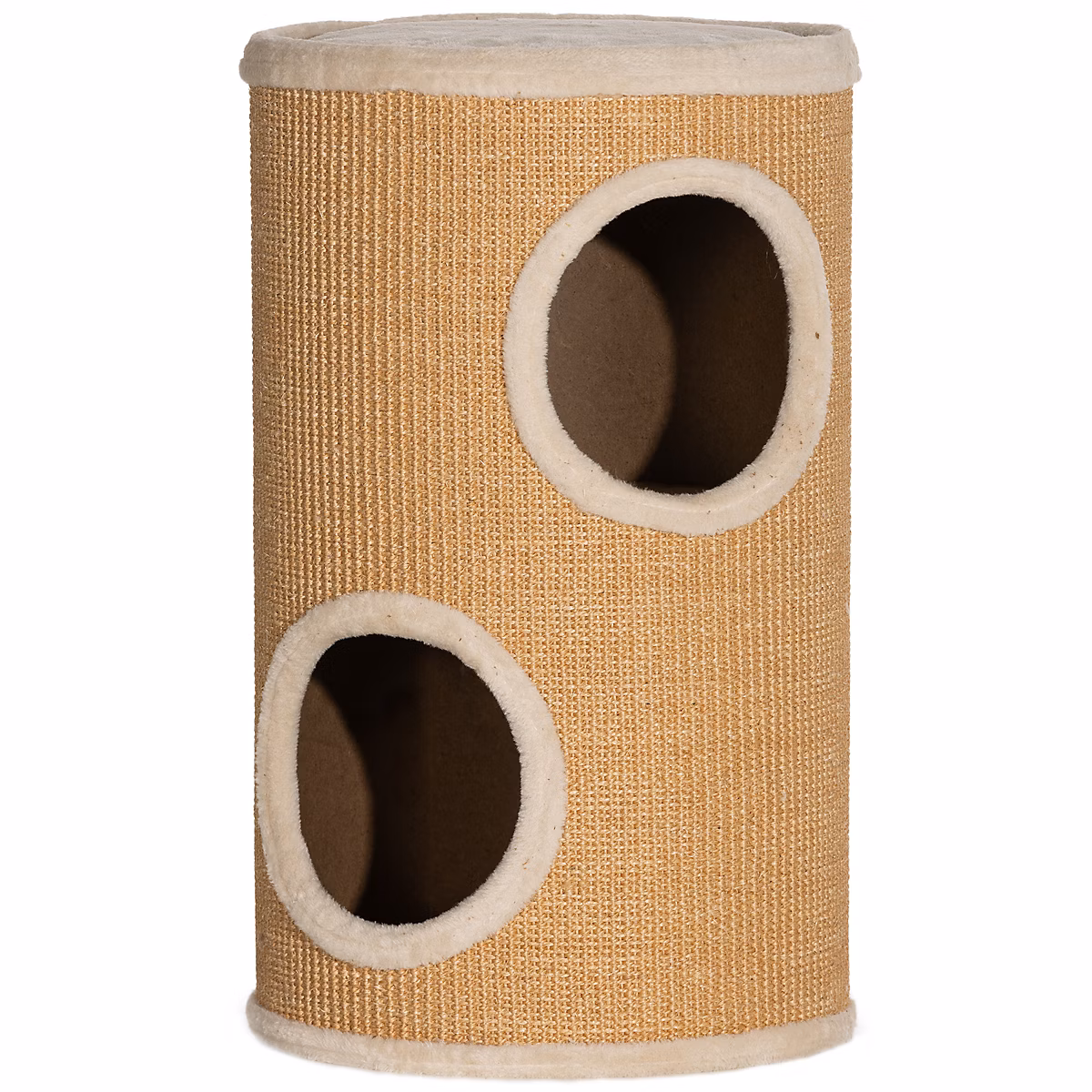 Arbre à chat cylindrique – tour à griffer pour chat, tonneau griffoir, 2 niches + plateforme, sisal peluche beige
