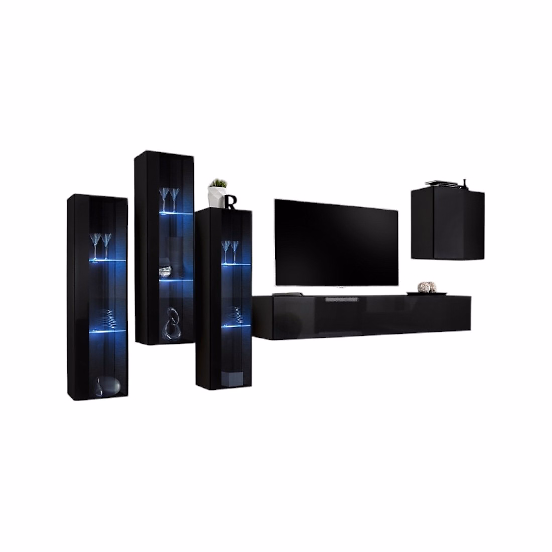 Composition murale SWITCH XIII Meuble TV – vitrines LED et cube Noir brillant Design moderne