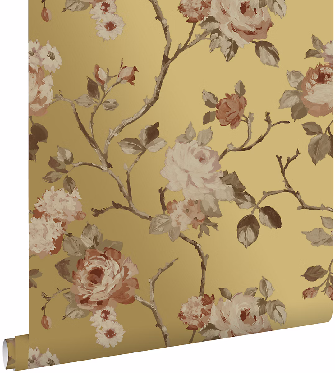 ESTAhome papier peint fleurs vintage or et rose terracotta 53 cm x 10.05 m | Papier peint