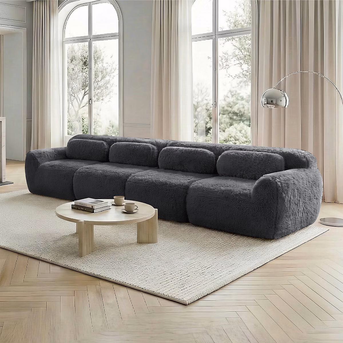 Canapé 4 places | Gris – Tissu peluche premium – Mousse élastique – Cousins inclus