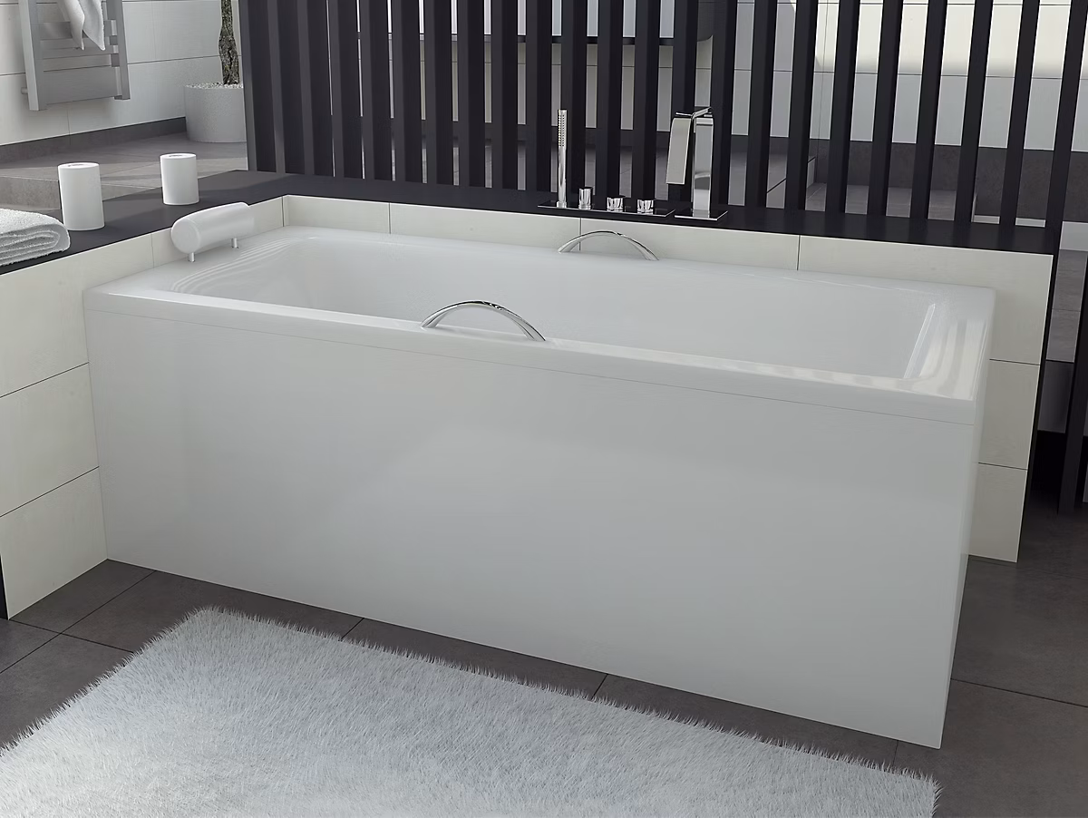 Baignoire rectangulaire 160 x 75 TALIA acrylique blanc + avec Tablier + Pieds + Vidage à chromé | Baignoire