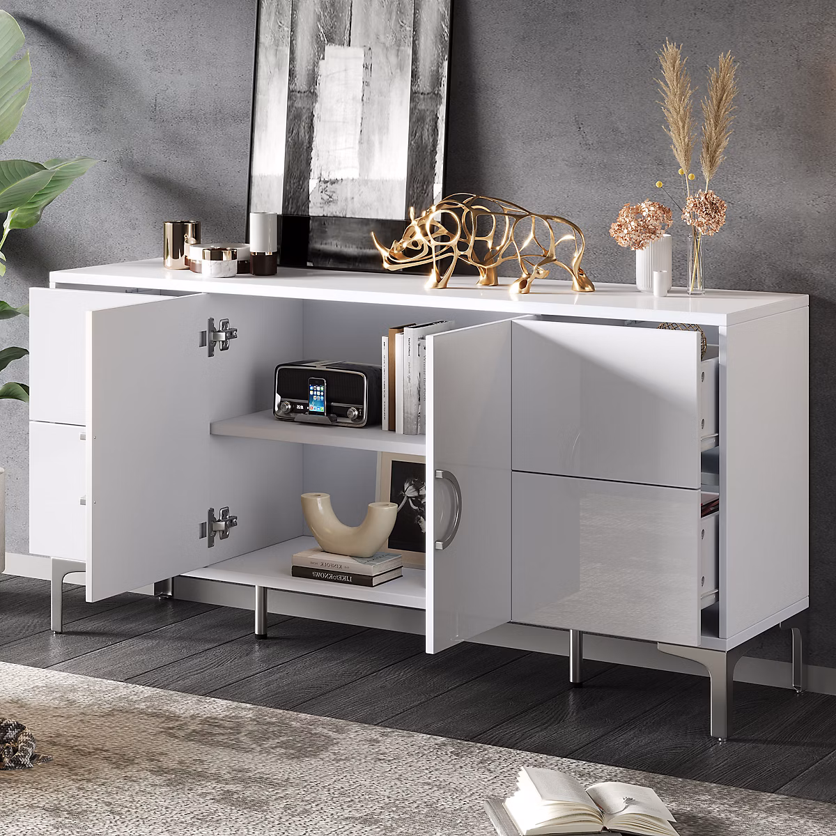Meuble – Buffet 150 cm en MDF blanc brillant avec 4 tiroirs et 2 portes