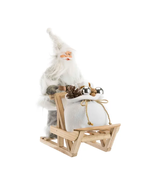 Père Noël en tissu gris et blanc poussant un traîneau avec hotte - 30 cm