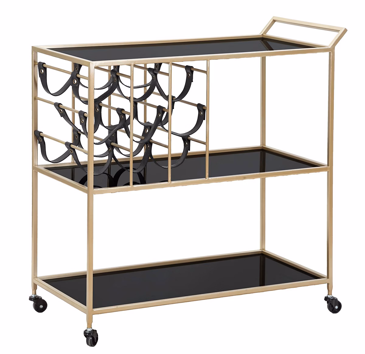 Chariot Noir Et Or Avec Porte-Bouteilles Et Porte-Aliments Et Miroirs – 79 × 39,5 × 82 Cm, Style Glamour, Parent 940