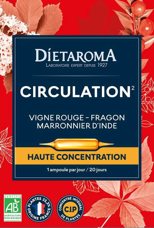 Complément alimentaire vigne rouge, fragon, marronnier d'Inde CIP bio Dietaroma circulation - 20 ampoules x 10 ml