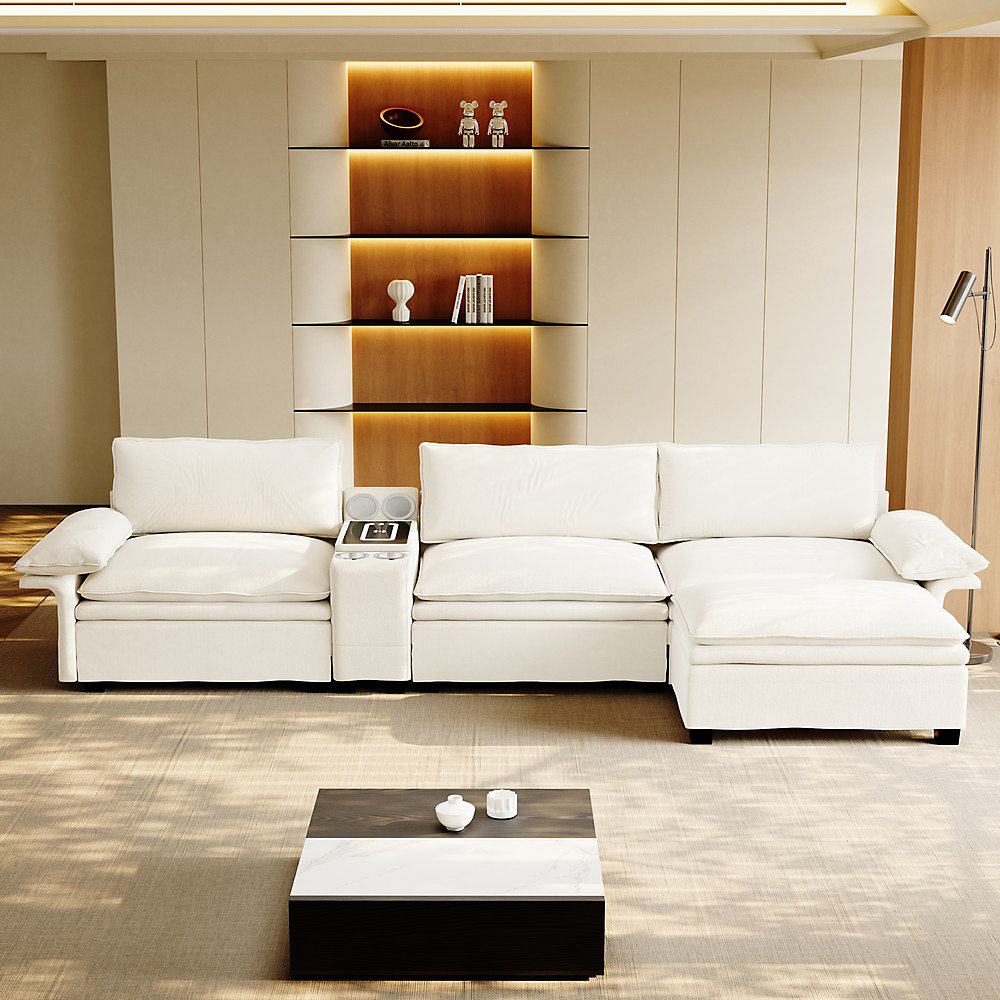 Canapé modulaire – 315cm,beige/blanc,chenille,stockage,charge sans fil