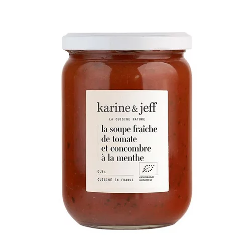 La soupe fraîche de tomate et concombre à la menthe bio Le bonheur est dans le pot Karine & Jeff - 0,5 L