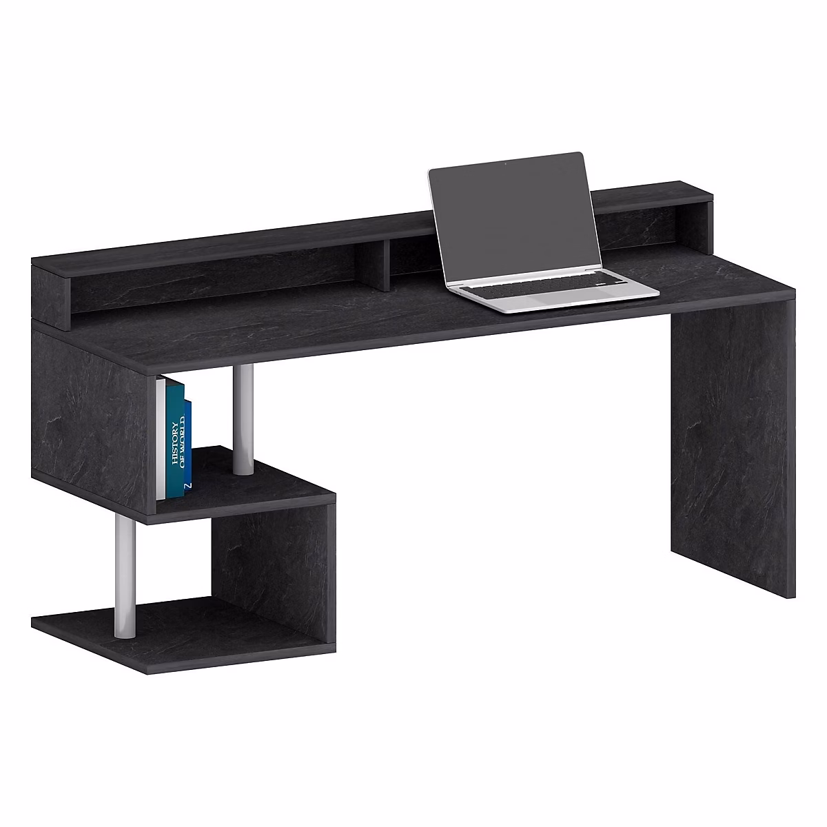 Bureau Aurigo – Bureau linéaire avec étagères de rangement | Bureau polyvalent avec plateau | 180x60h93 cm | Ardoise