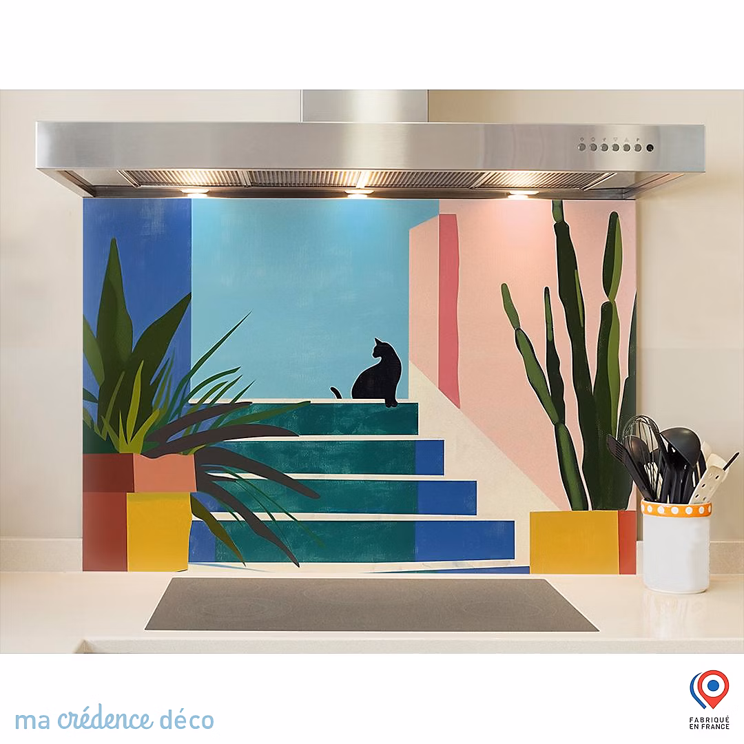 Crédence cuisine fond de hotte Chat | cactus et couleurs 4 – Peinture – Verre trempé – L 90 cm x H 70 cm – MaCrédenceDéco