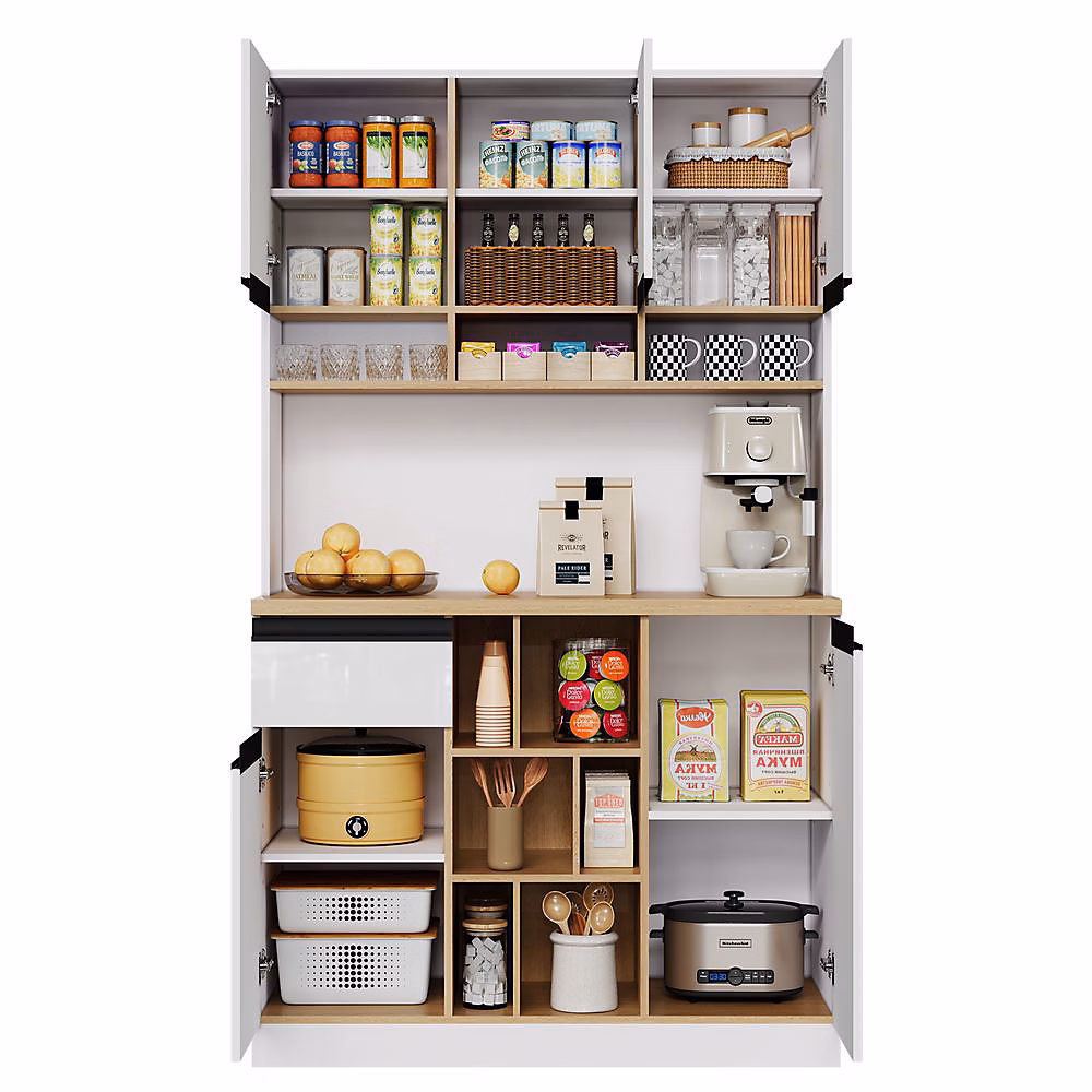 Buffet moderne 105 × 45 × 185cm blanc – portes brillantes, étagères réglables + anti-basculement