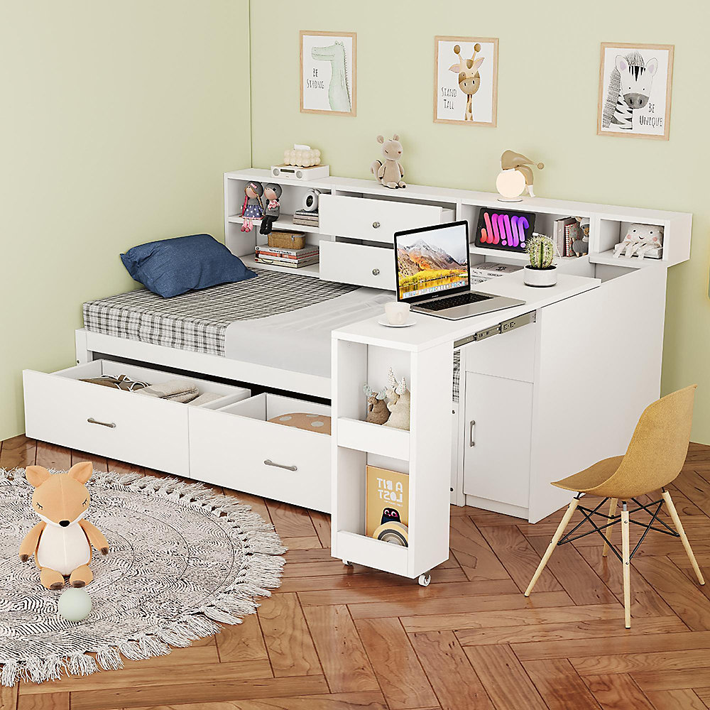 Canapé-lit en bois avec rangement et bureau coulissant – 90 × 200cm,blanc,multifonctionnel