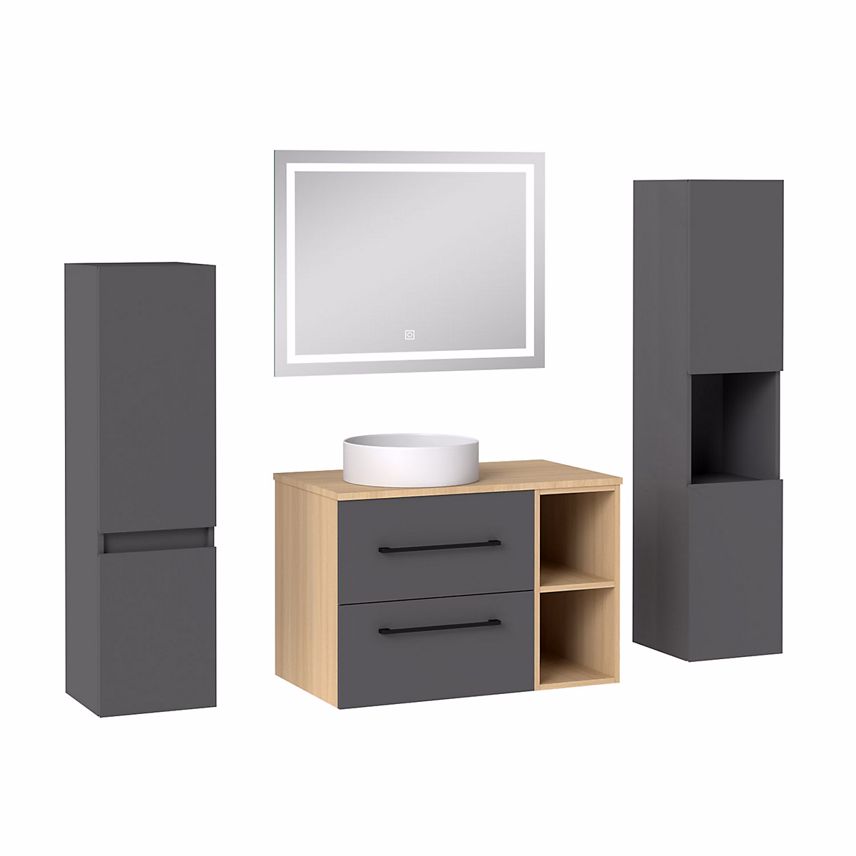Ensemble meuble de Salle de Bain Suspendu 80cm avec vasque à poser + 2 Colonnes + Miroir LED Dimmable – Anthracite + Chêne