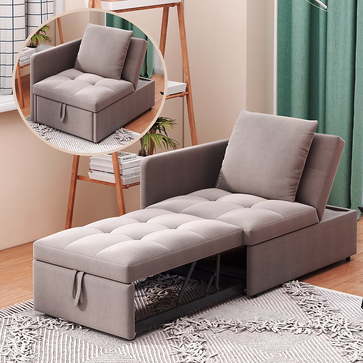 Canapé | Lit Canapé – Lit 3 – en – 1 avec Dossier Inclinable et Lit Intégré – Convertible pour Salon et Petite Chambre – Tissu Lin – Gris
