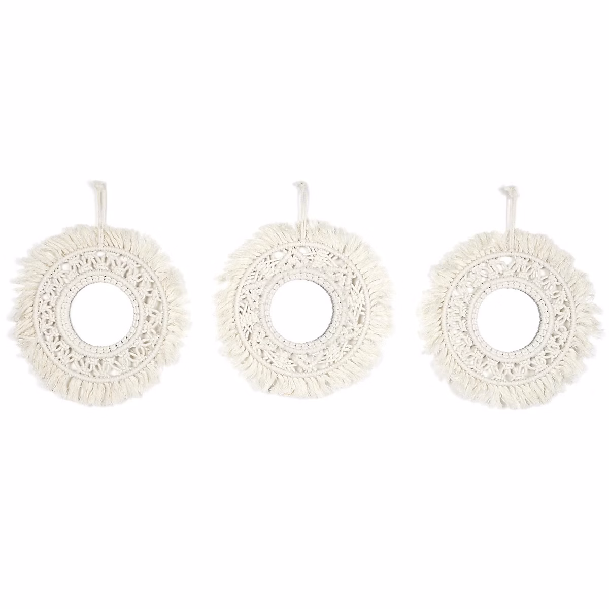 Ensemble de 3 miroirs ronds en macramé Beige – H. 1 cm, BOHO