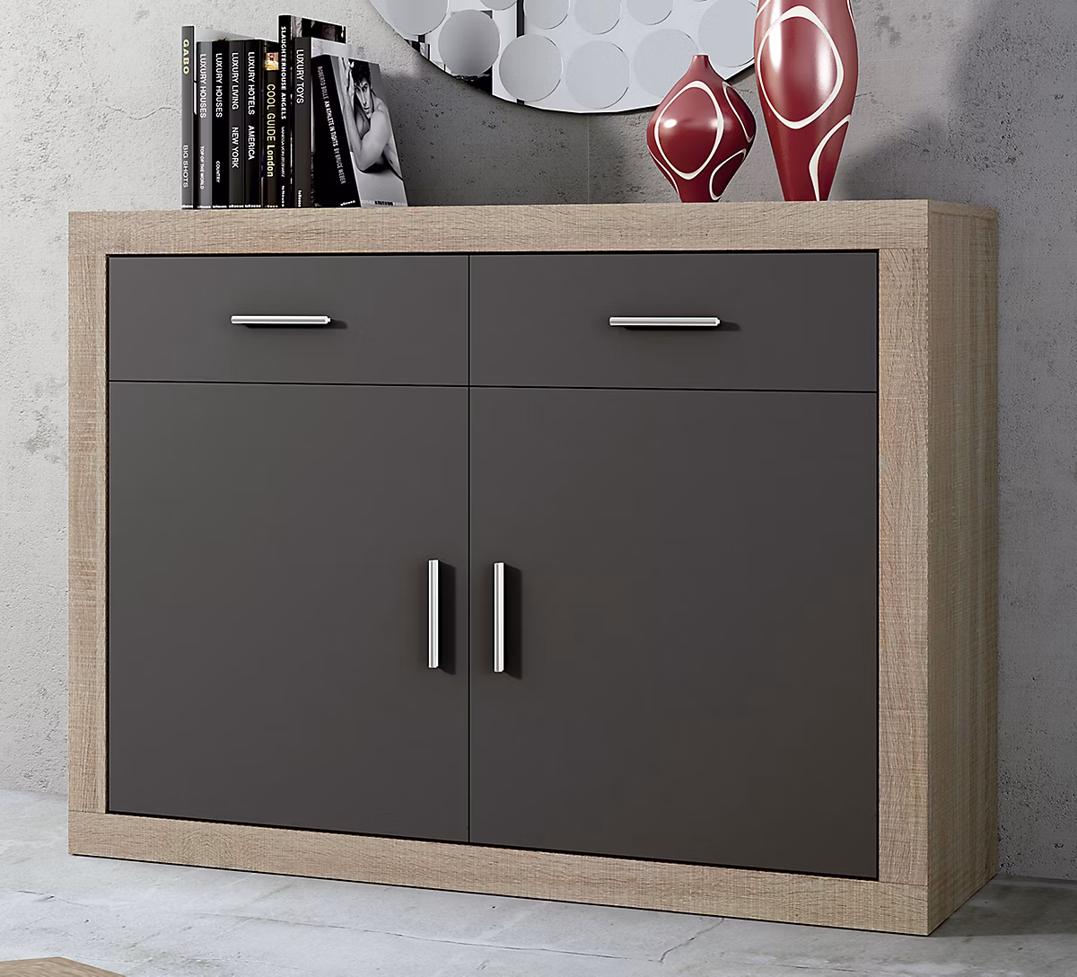 Buffet – meuble de rangement coloris chêne cambrian | graphite | Longueur 120 x profondeur 41 | 4 x hauteur 90 | 2 cm