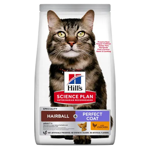 Croquettes pour chat adulte de 1 an et + au poulet boules de poils Hill's Science Plan Feline Hairball & Perfect Coat - 1,5 kg