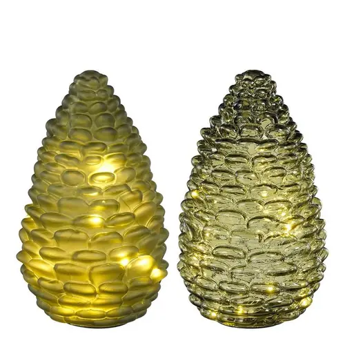 Photophore vert forme pomme de pin en verre avec 15 LED et minuteur - Ø 15 x H 25 cm