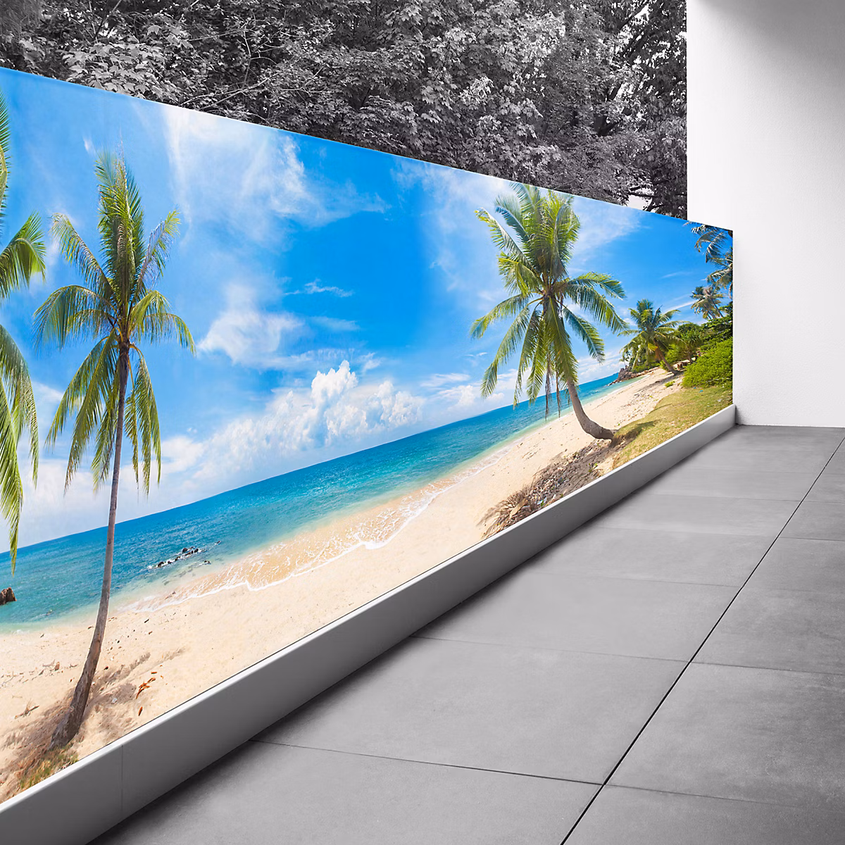 Brise vue Trompe l'oeil – 130 × 487 cm | Plage mer palmiers 3617689692722