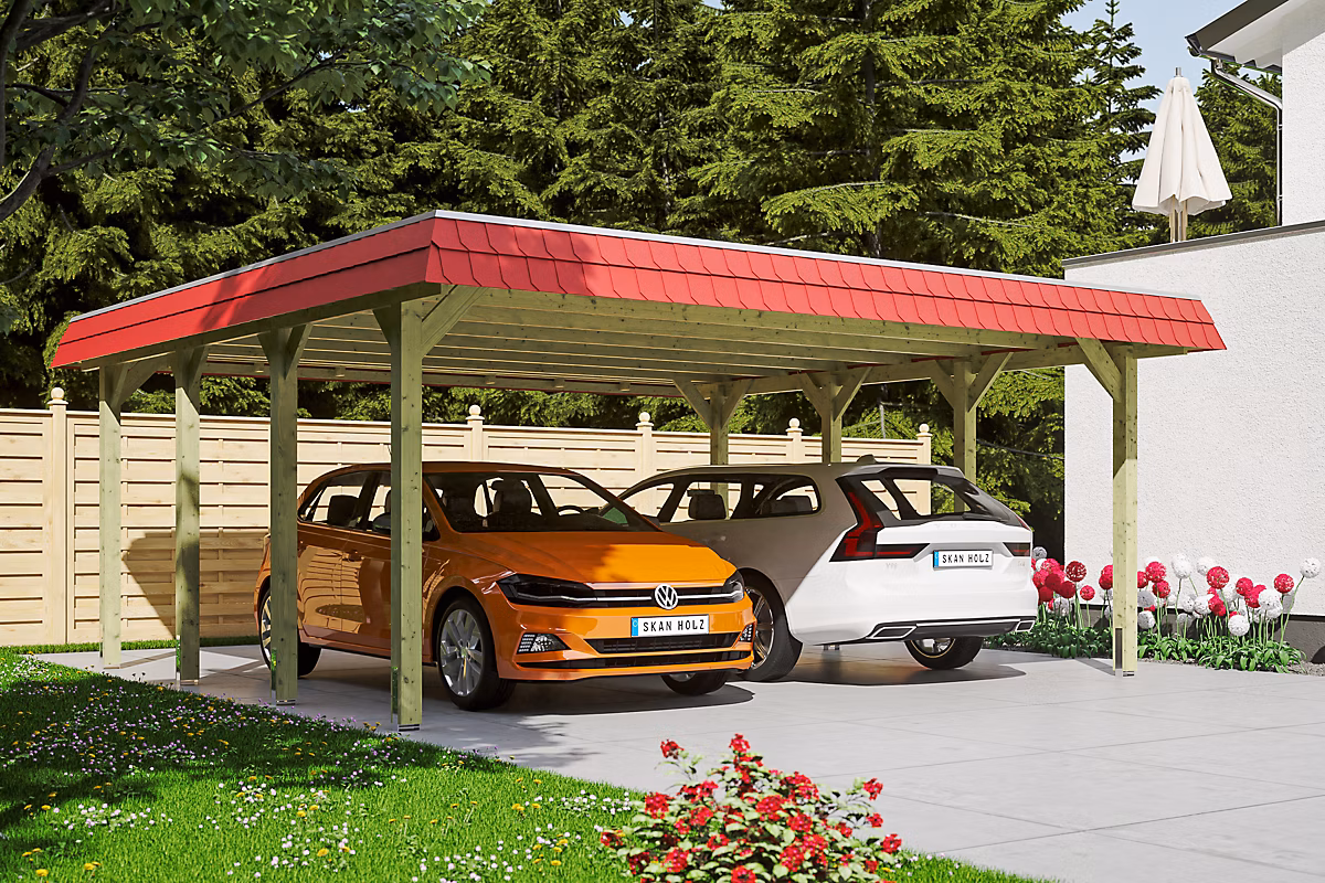 Carport SKAN HOLZ Spreewald 585 × 589cm – toit en aluminium | bandeau rouge | bois résineux imprégné vert