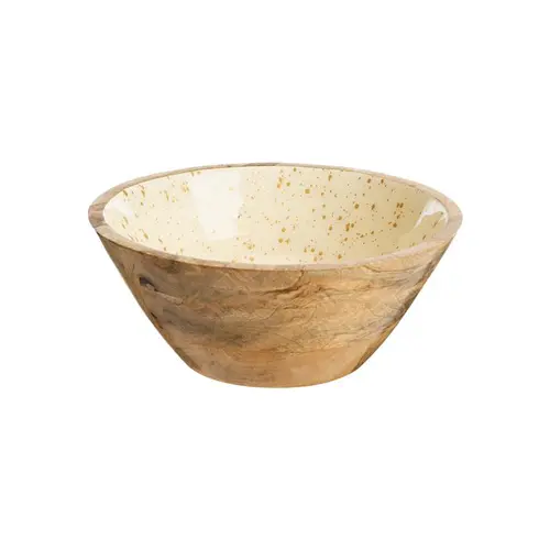 Saladier en bois de manguier décor moucheté crème et or - 24,5 x 24,5 x 10 cm