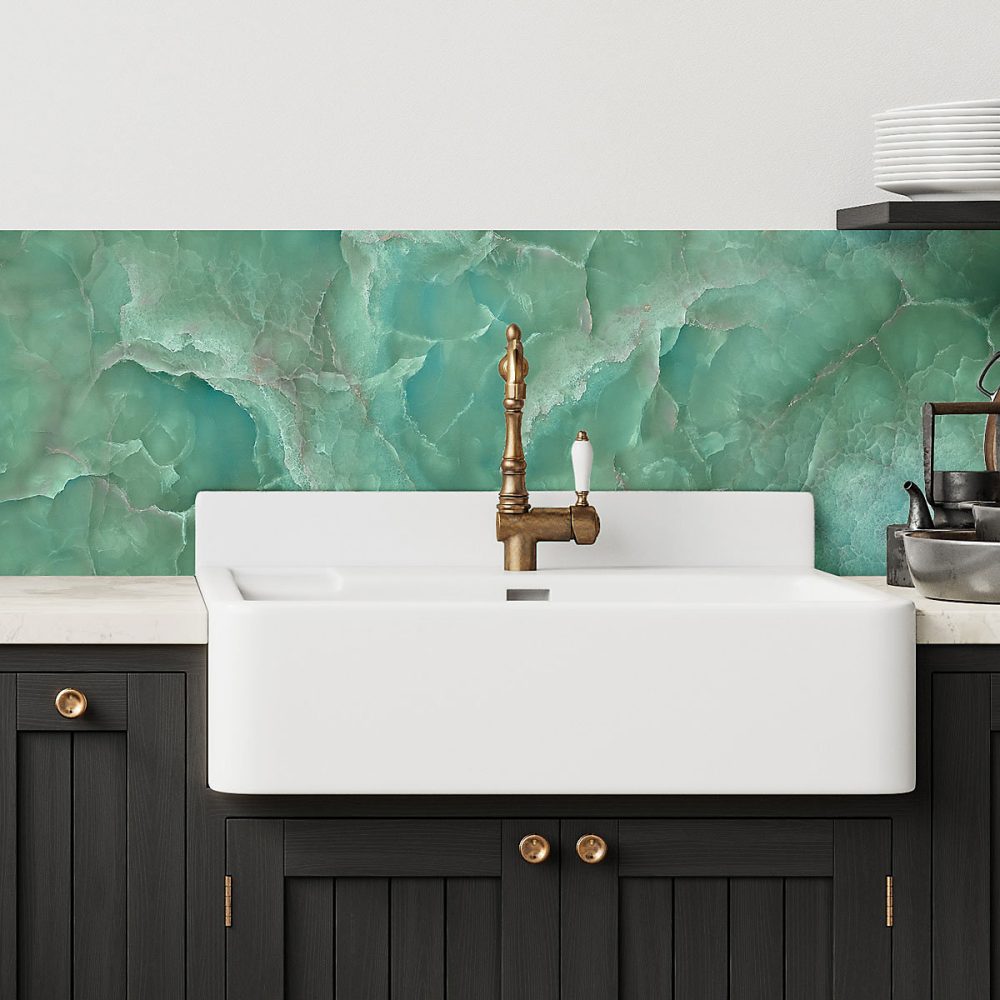 Crédence cuisine adhésive en vinyle imitation onyx vert – 200 × 40 cm, design raccordable