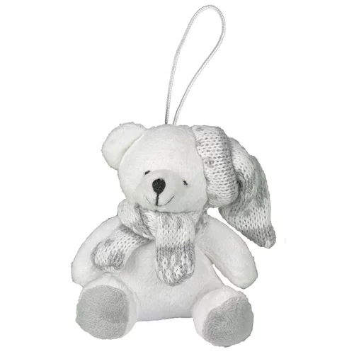 Suspension ours blanc en peluche avec écharpe et bonnet gris - 8 cm