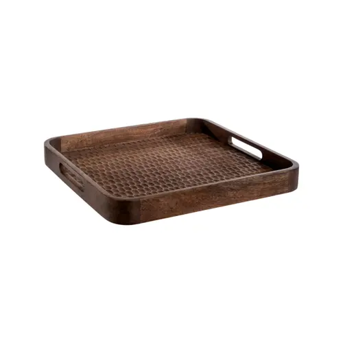 Plateau carré en bois de manguier effet martelé noisette - 34,5 x 34,5 x 4 cm
