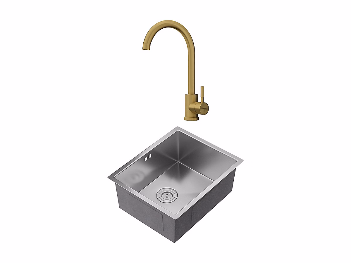 Ensemble évier 55 × 45 cm SOELA + robinet ROMILY en acier inoxydable – Doré