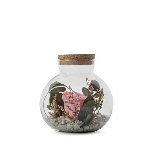 Verrine de végétaux stabilisés rose pastel et eucalyptus avec bouchon en liège Naturalys Lucca L - Ø 14 x H 15 cm