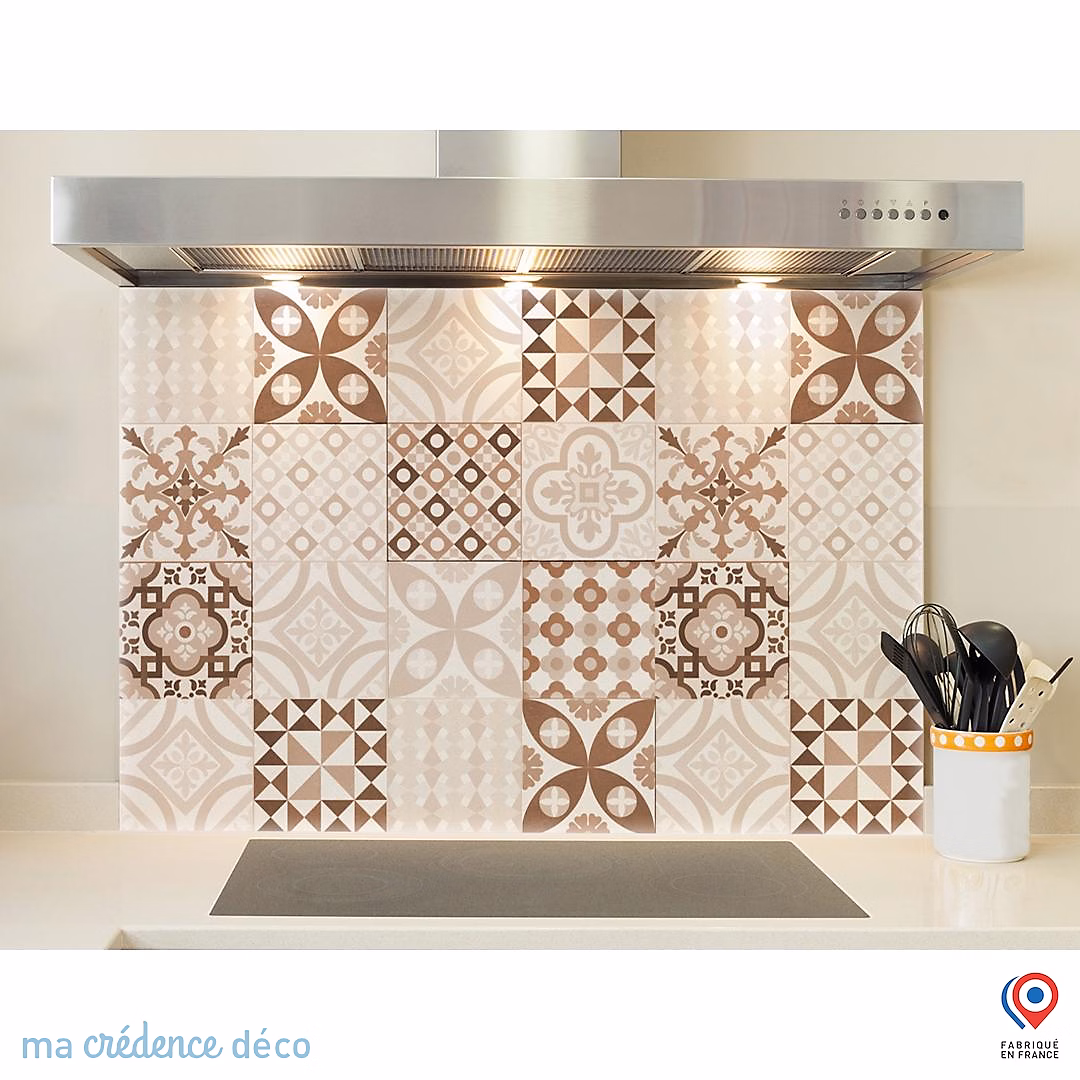Crédence cuisine fond de hotte Carreaux ciment ocre | Verre trempé – L 70 cm x H 60 cm – MaCrédenceDéco