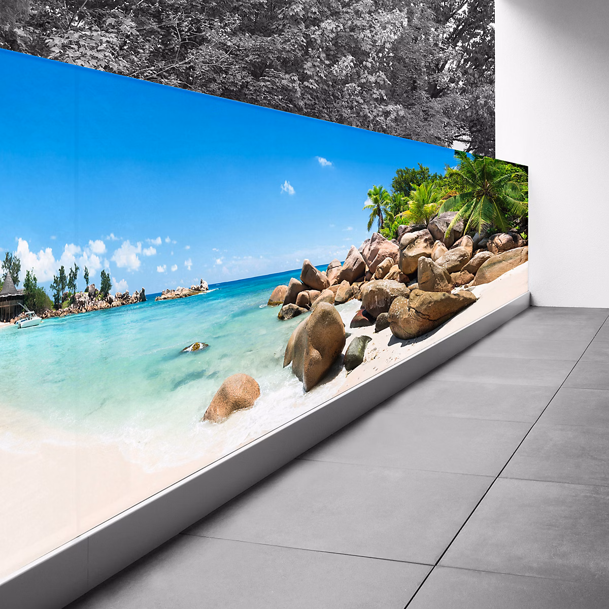 Brise vue Trompe l'oeil – 110 × 440 cm, Plage mer cocotiers 3617689694009