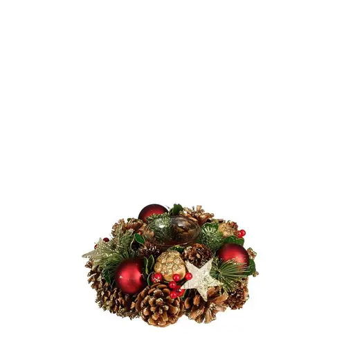 Centre de table bougeoir branche de sapin, pommes de pin naturelles et décorations colorées Roslyn - Ø 19 x H 9 cm