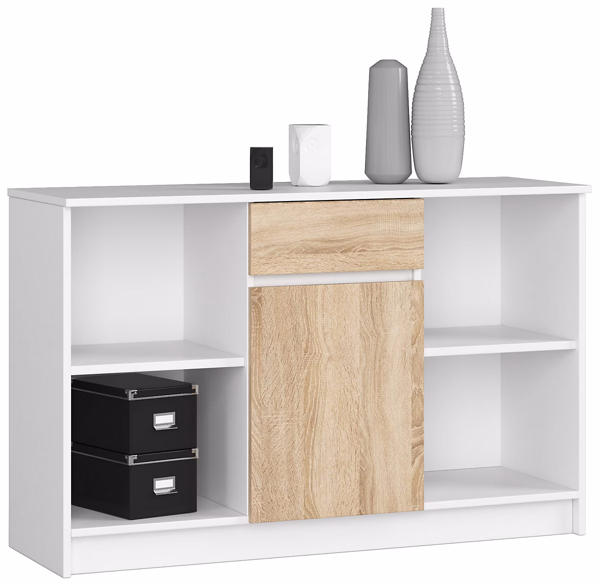 Commode AKORD B17 Blanche 120 cm 1 porte 1 tiroir façade Chêne Sonoma 6 étagères 120 × 40 × 77 cm