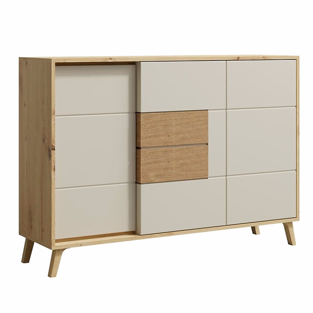 Buffet Commode 2 Portes 3 Tiroirs 130 × 89 Cm En Bois Clair Design Intemporel Blanc