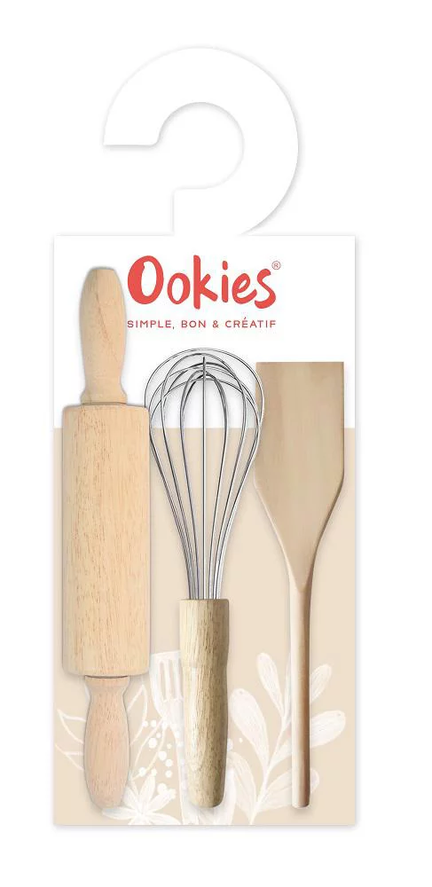 Lot de 3 ustensiles apprenti pâtissier Ookies® coloris beige en bois
