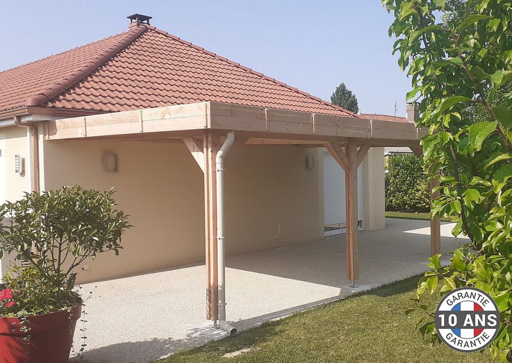 Carport adossé toit plat 400cmx500cm – bois DOUGLAS Français (Charpente en bois-auvent-abri voiture) 20 m². Garantie 10 ans