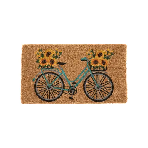 Paillasson en fibre de coco motif vélo bleu avec tournesols jaunes - 72 x 40 cm