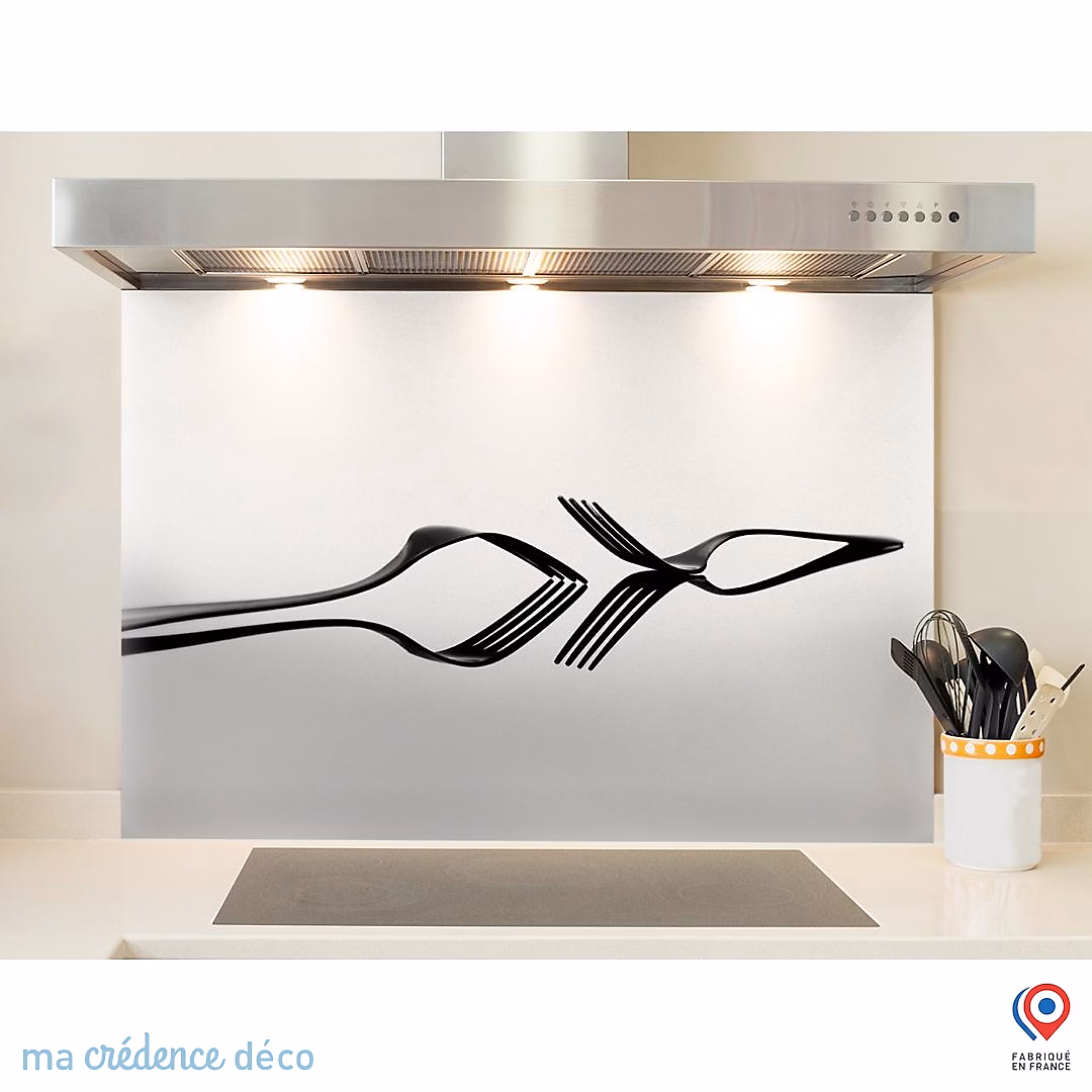 Crédence cuisine fond de hotte Couverts 3 – Verre trempé, L 90 cm x H 50 cm, MaCrédenceDéco