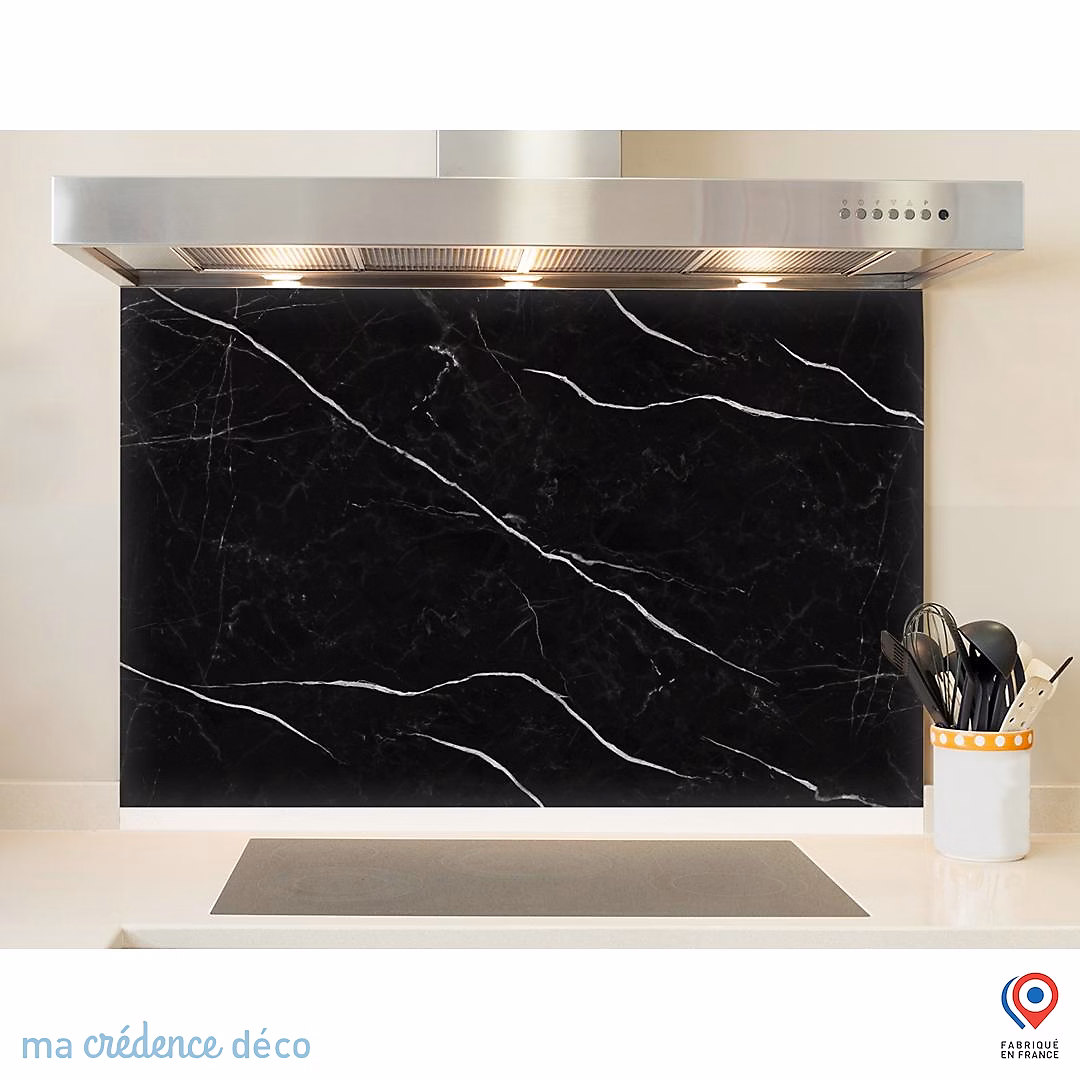 Crédence cuisine fond de hotte Marbre noir 3 – Verre trempé, L 90 cm x H 70 cm, MaCrédenceDéco