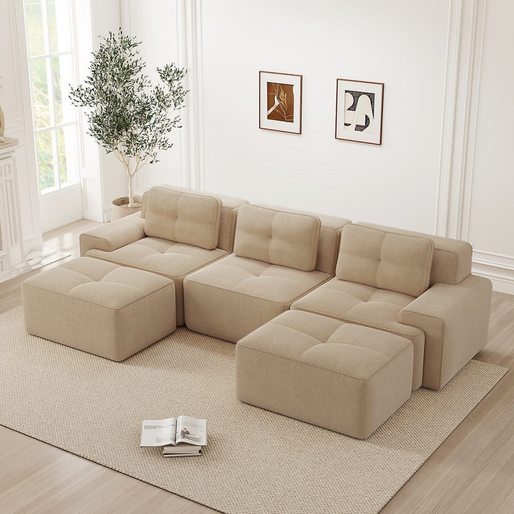 Canapé Modulable – Canapé en U 3 Places avec Pouf | Sans Structure | Velours Côtelé Beige | Effet Nuage Cocooning | 293 × 177 × 69 cm