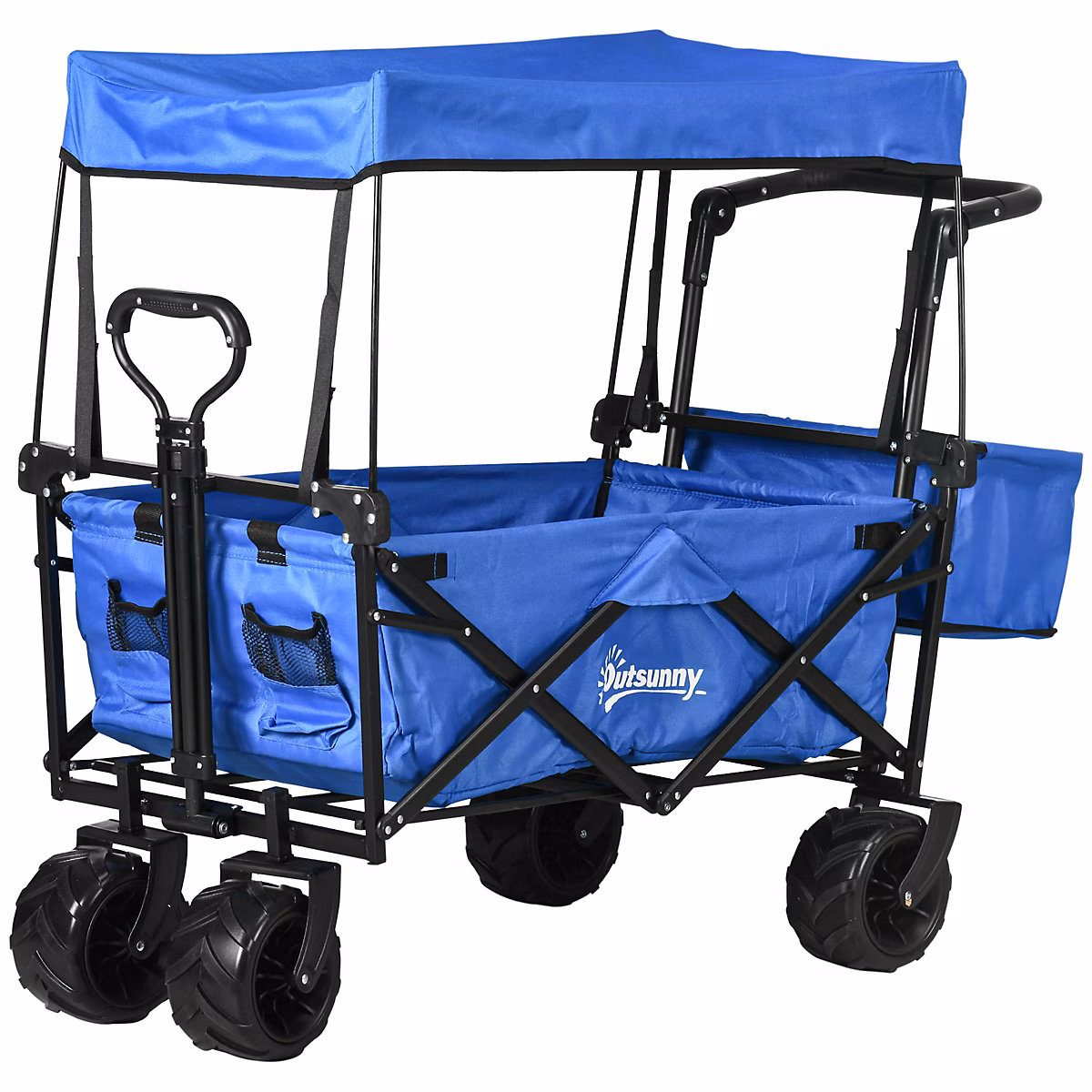 Chariot pliant avec toit – poignée | panier | chariot de plage | chariot de transport pliable tout | terrain métal noir oxford bleu