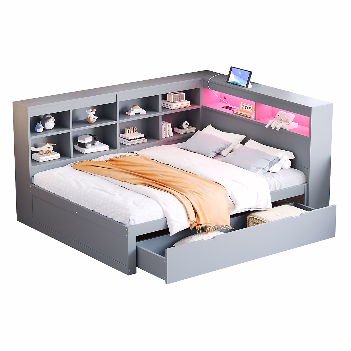 Canapé en bois massif 140 × 200 cm avec grands tiroirs port USB bande LED étagères rangement lit double multifonction gris
