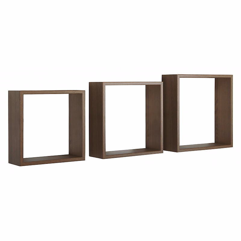 Ensemble de 3 étagères murales décoratives cubiques – chêne tabac, dimensions : 30 × 30 × 10 cm, 27 × 27 × 10 cm et 24 × 24 × 10 cm